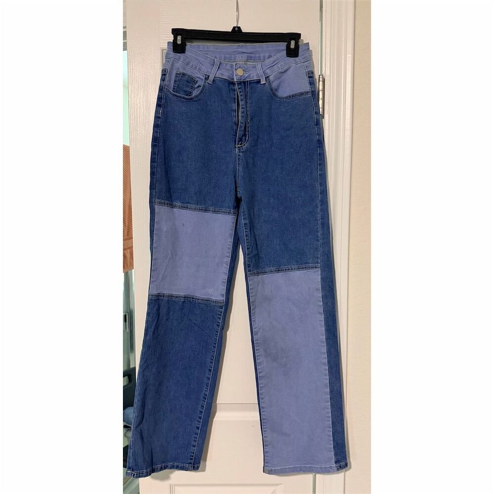 Handmade Women's Patchwork Denim Pants Multicolor Straight Leg Size S